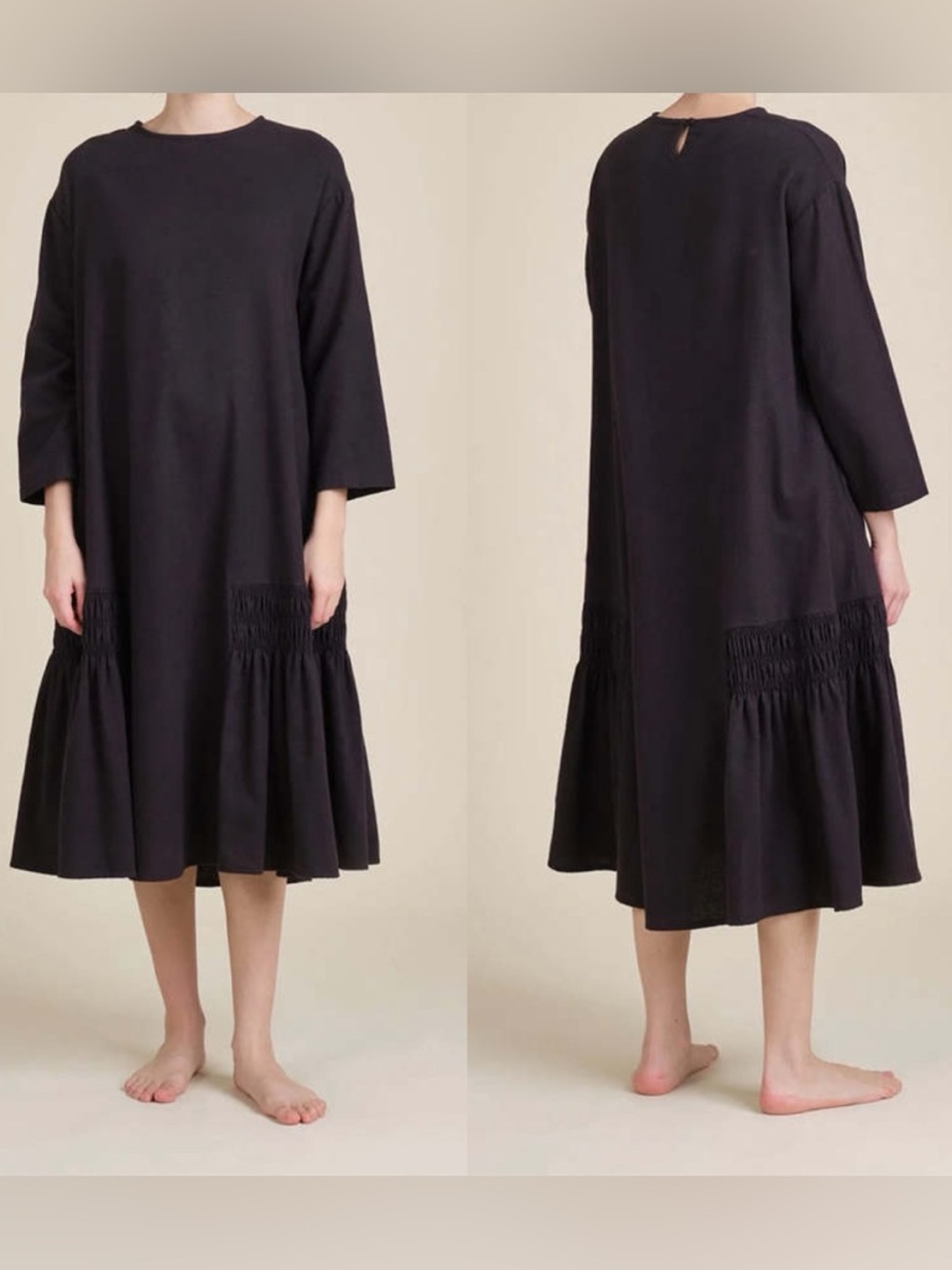 Black Crane Black Cotton Brushed Flannel Relaxed Gathered Midi Dress - Small